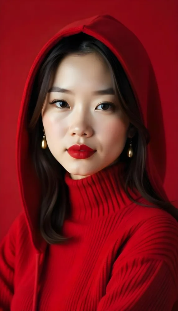 An Asian Woman 23 Years Old With Light Skin And Red Lipstick Wearing A Red Hood And Golden Earrings Red Turtleneck Sweater In A Red Background 1 81c7