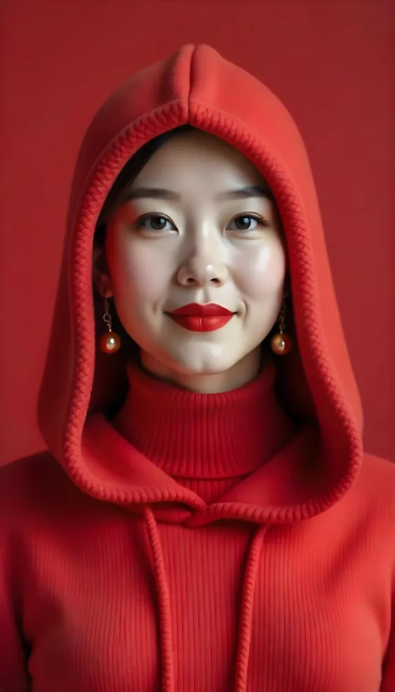An Asian Woman 23 Years Old With Light Skin And Red Lipstick Wearing A Red Hood And Golden Earrings Red Turtleneck Sweater In A Red Background 12 D5bf