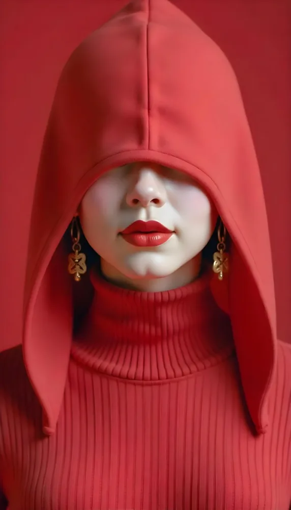 An Asian Woman 23 Years Old With Light Skin And Red Lipstick Wearing A Red Hood And Golden Earrings Red Turtleneck Sweater In A Red Background 13 31da