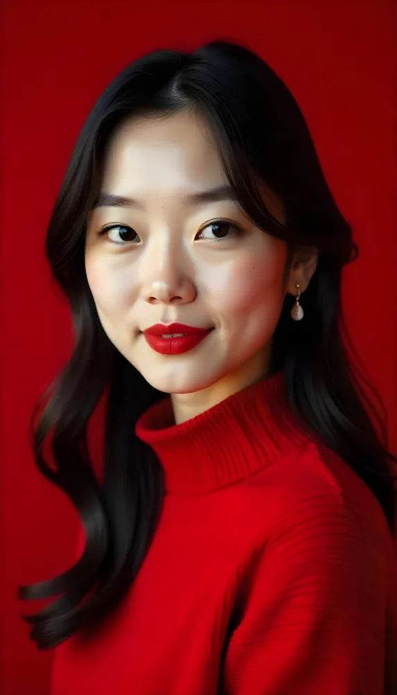 An Asian Woman 23 Years Old With Light Skin And Red Lipstick Wearing A Red Hood And Golden Earrings Red Turtleneck Sweater In A Red Background 14 788a