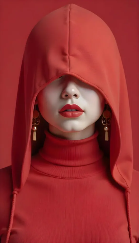 An Asian Woman 23 Years Old With Light Skin And Red Lipstick Wearing A Red Hood And Golden Earrings Red Turtleneck Sweater In A Red Background 15 97b0