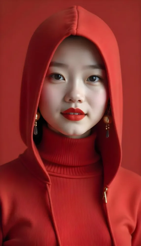 An Asian Woman 23 Years Old With Light Skin And Red Lipstick Wearing A Red Hood And Golden Earrings Red Turtleneck Sweater In A Red Background 20 D577