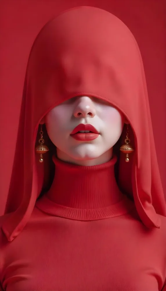 An Asian Woman 23 Years Old With Light Skin And Red Lipstick Wearing A Red Hood And Golden Earrings Red Turtleneck Sweater In A Red Background 25 4bf1