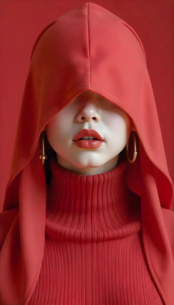 An Asian Woman 23 Years Old With Light Skin And Red Lipstick Wearing A Red Hood And Golden Earrings Red Turtleneck Sweater In A Red Background 28 6ab5