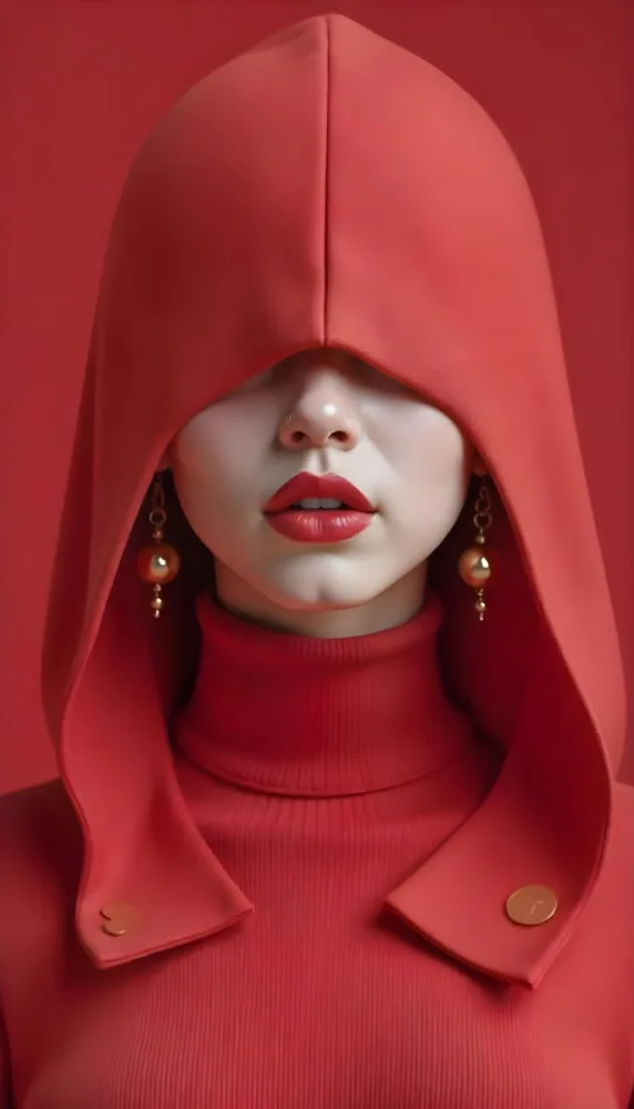 An Asian Woman 23 Years Old With Light Skin And Red Lipstick Wearing A Red Hood And Golden Earrings Red Turtleneck Sweater In A Red Background 30 Ad5e