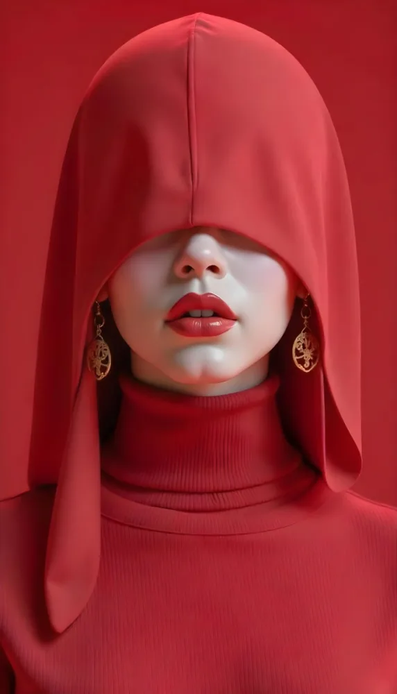An Asian Woman 23 Years Old With Light Skin And Red Lipstick Wearing A Red Hood And Golden Earrings Red Turtleneck Sweater In A Red Background 31 8504