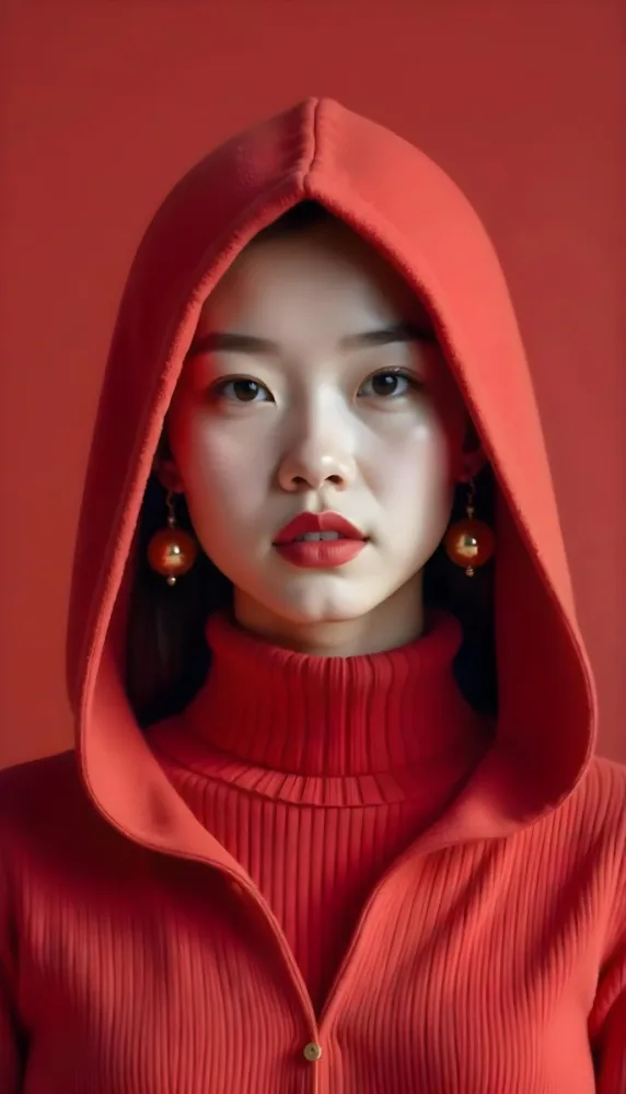 An Asian Woman 23 Years Old With Light Skin And Red Lipstick Wearing A Red Hood And Golden Earrings Red Turtleneck Sweater In A Red Background 32 B9ad