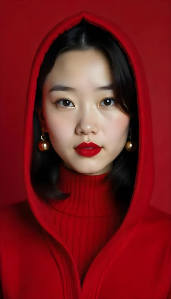 An Asian Woman 23 Years Old With Light Skin And Red Lipstick Wearing A Red Hood And Golden Earrings Red Turtleneck Sweater In A Red Background 8 A0ca