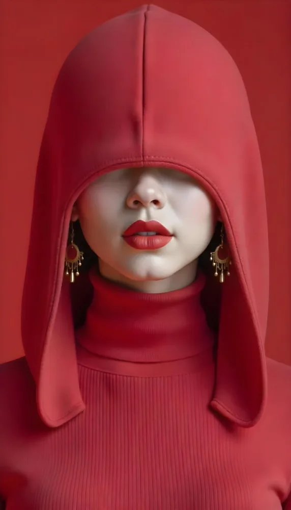An Asian Woman 23 Years Old With Light Skin And Red Lipstick Wearing A Red Hood And Golden Earrings Red Turtleneck Sweater In A Red Background 9 11a3