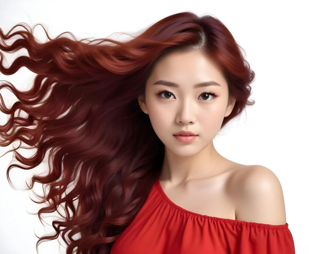 An Asian Woman 23 Years Old With Long Red Wavy Hair Wearing A White Dress Posing In A White Studio 10 8ba8