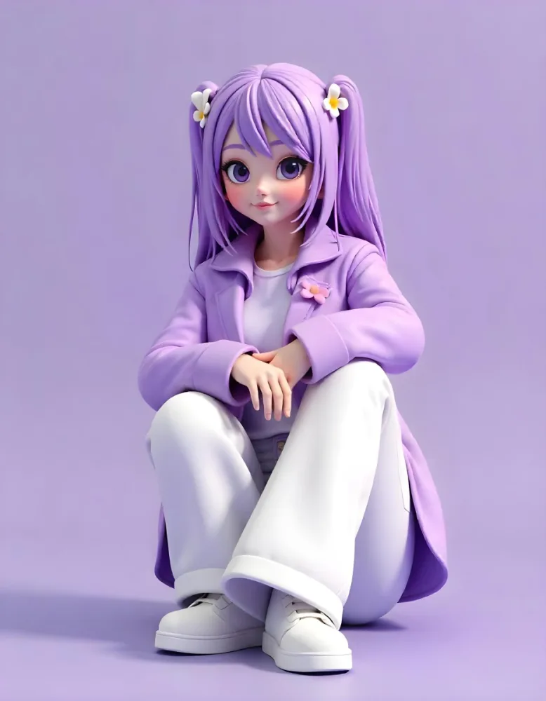 An Asian Woman 23 Years Old With Purple Hair And White Flowers Wearing A Purple Jacket And White Jeans Sitting On A Purple Surface In A Purple Background 10 0abb