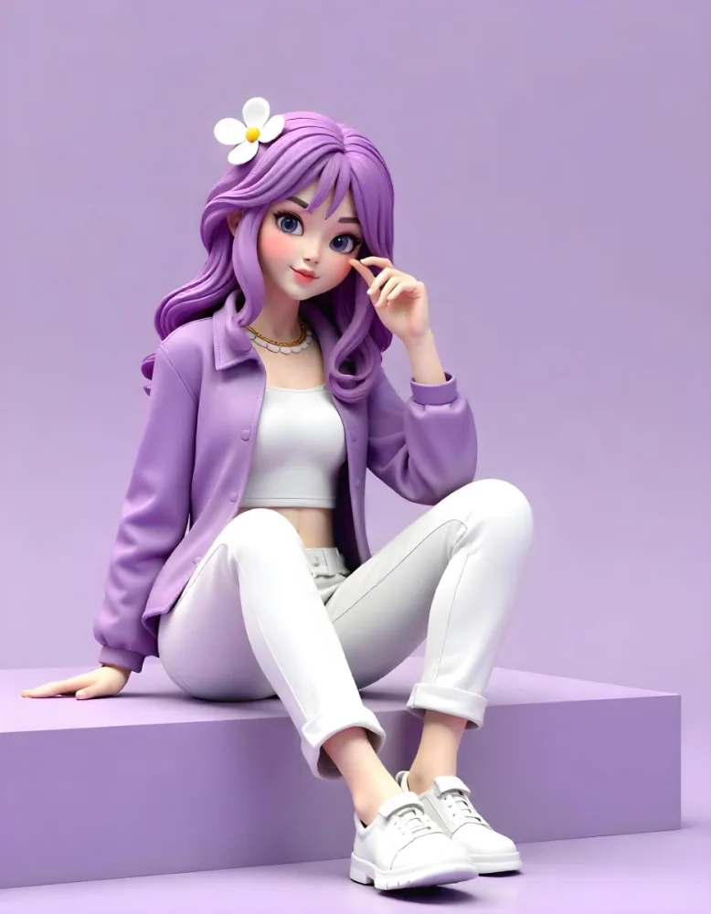 An Asian Woman 23 Years Old With Purple Hair And White Flowers Wearing A Purple Jacket And White Jeans Sitting On A Purple Surface In A Purple Background 11 87d7