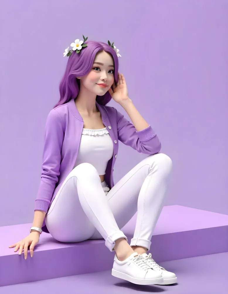 An Asian Woman 23 Years Old With Purple Hair And White Flowers Wearing A Purple Jacket And White Jeans Sitting On A Purple Surface In A Purple Background 2 2b86