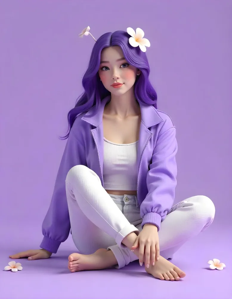 An Asian Woman 23 Years Old With Purple Hair And White Flowers Wearing A Purple Jacket And White Jeans Sitting On A Purple Surface In A Purple Background 20 4640