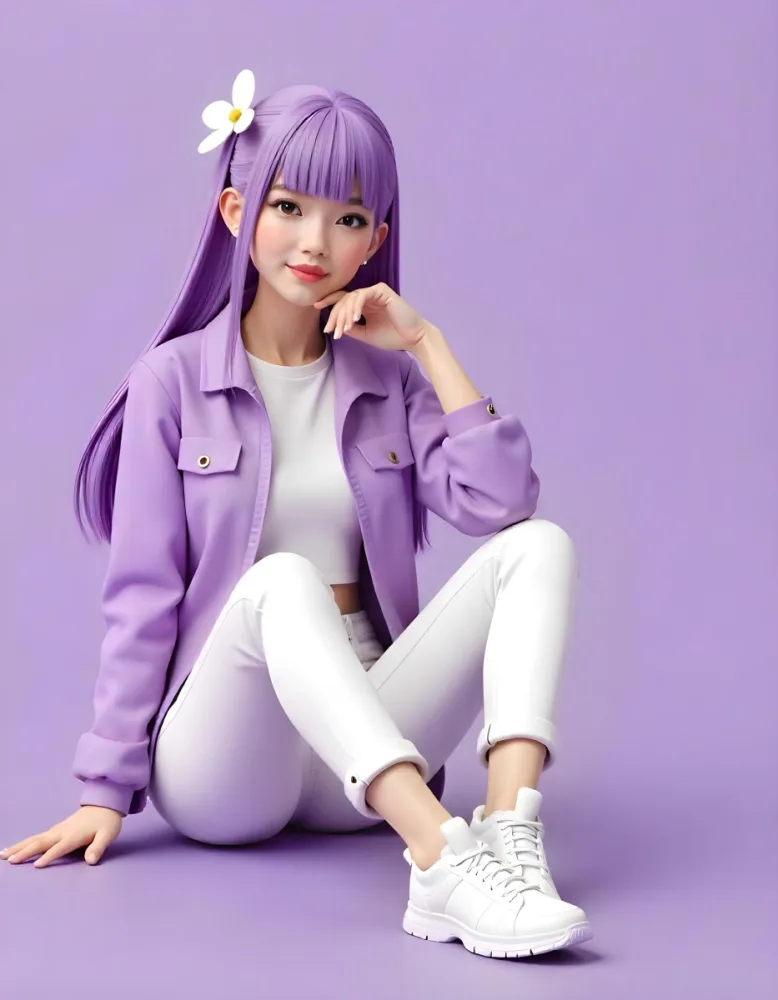 An Asian Woman 23 Years Old With Purple Hair And White Flowers Wearing A Purple Jacket And White Jeans Sitting On A Purple Surface In A Purple Background 5 E7da