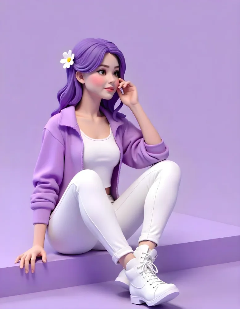 An Asian Woman 23 Years Old With Purple Hair And White Flowers Wearing A Purple Jacket And White Jeans Sitting On A Purple Surface In A Purple Background 7 4603