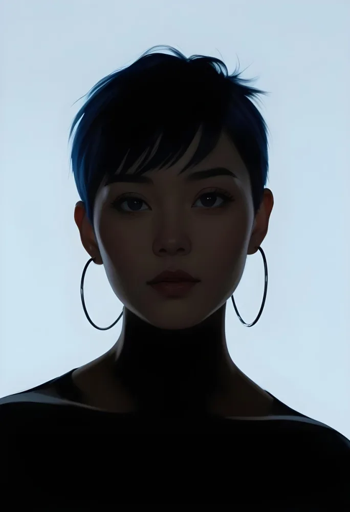 An Asian Woman 23 Years Old With Short Blue Hair And Hoop Earrings Half Of The Face Is In The Shadows Light Blue Background 10 Be87 1339