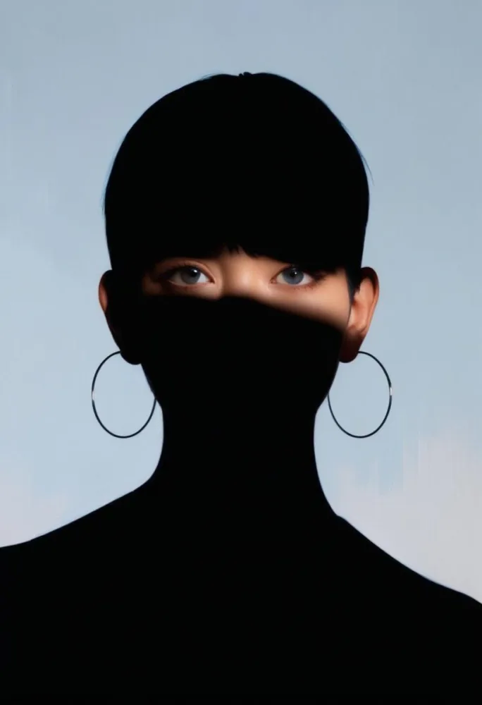 An Asian Woman 23 Years Old With Short Blue Hair And Hoop Earrings Half Of The Face Is In The Shadows Light Blue Background 11 D31b