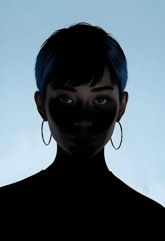 An Asian Woman 23 Years Old With Short Blue Hair And Hoop Earrings Half Of The Face Is In The Shadows Light Blue Background 14 D0a0 5df8