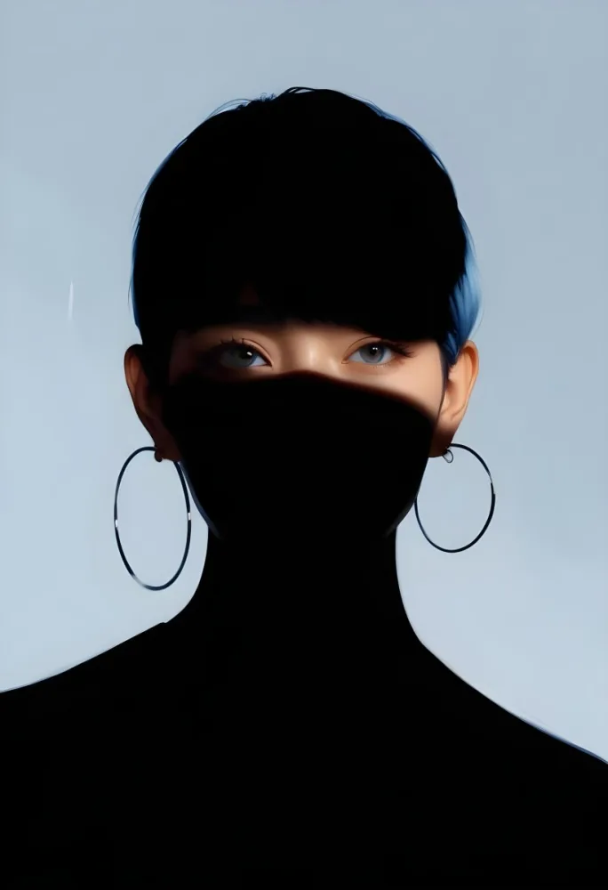 An Asian Woman 23 Years Old With Short Blue Hair And Hoop Earrings Half Of The Face Is In The Shadows Light Blue Background 15 Ef91