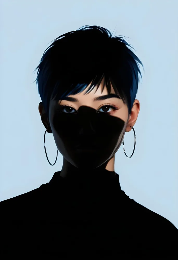 An Asian Woman 23 Years Old With Short Blue Hair And Hoop Earrings Half Of The Face Is In The Shadows Light Blue Background 18 0dcf 795d