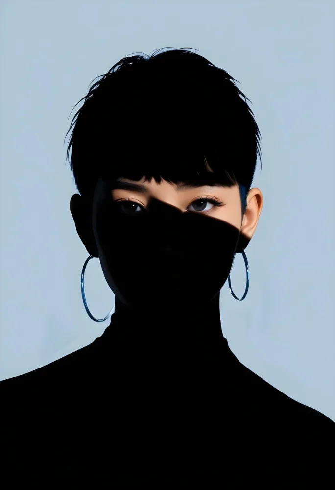 An Asian Woman 23 Years Old With Short Blue Hair And Hoop Earrings Half Of The Face Is In The Shadows Light Blue Background 19 Fe3d B3c8