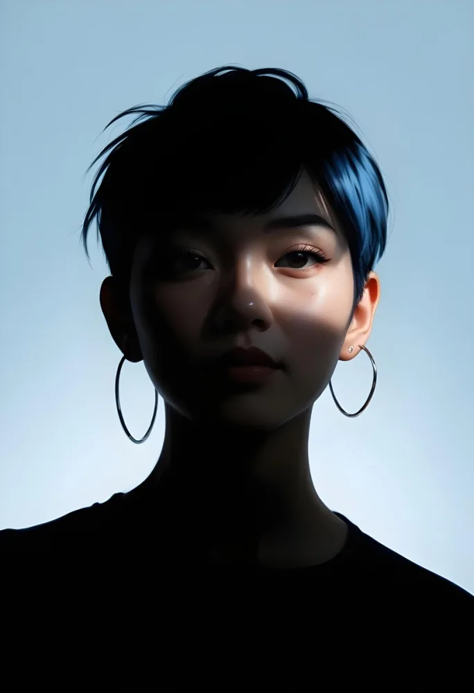 An Asian Woman 23 Years Old With Short Blue Hair And Hoop Earrings Half Of The Face Is In The Shadows Light Blue Background 20 1a61