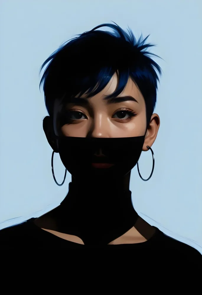 An Asian Woman 23 Years Old With Short Blue Hair And Hoop Earrings Half Of The Face Is In The Shadows Light Blue Background 23 E40a
