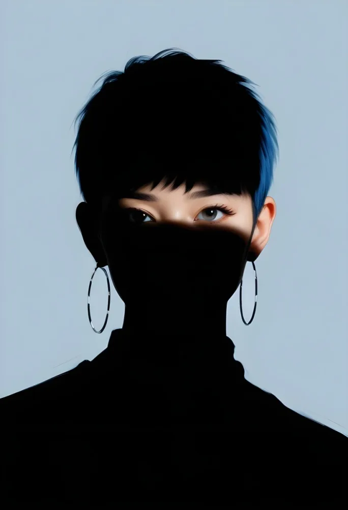 An Asian Woman 23 Years Old With Short Blue Hair And Hoop Earrings Half Of The Face Is In The Shadows Light Blue Background 26 D869
