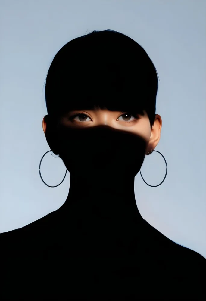 An Asian Woman 23 Years Old With Short Blue Hair And Hoop Earrings Half Of The Face Is In The Shadows Light Blue Background 27 Fd0e