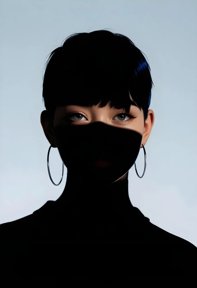 An Asian Woman 23 Years Old With Short Blue Hair And Hoop Earrings Half Of The Face Is In The Shadows Light Blue Background 28 837f