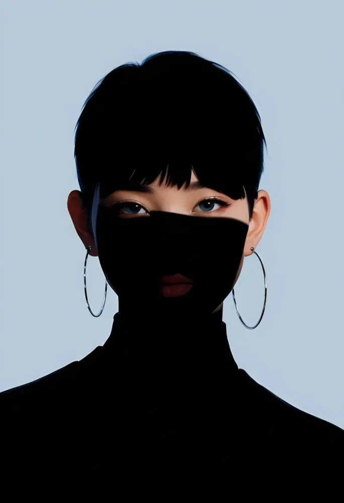 An Asian Woman 23 Years Old With Short Blue Hair And Hoop Earrings Half Of The Face Is In The Shadows Light Blue Background 30 97ec