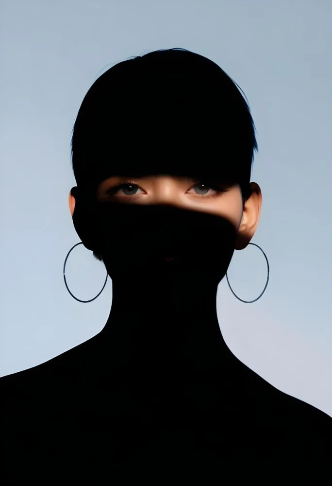 An Asian Woman 23 Years Old With Short Blue Hair And Hoop Earrings Half Of The Face Is In The Shadows Light Blue Background 34 474a