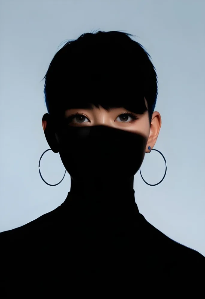 An Asian Woman 23 Years Old With Short Blue Hair And Hoop Earrings Half Of The Face Is In The Shadows Light Blue Background 37 41b7 C705