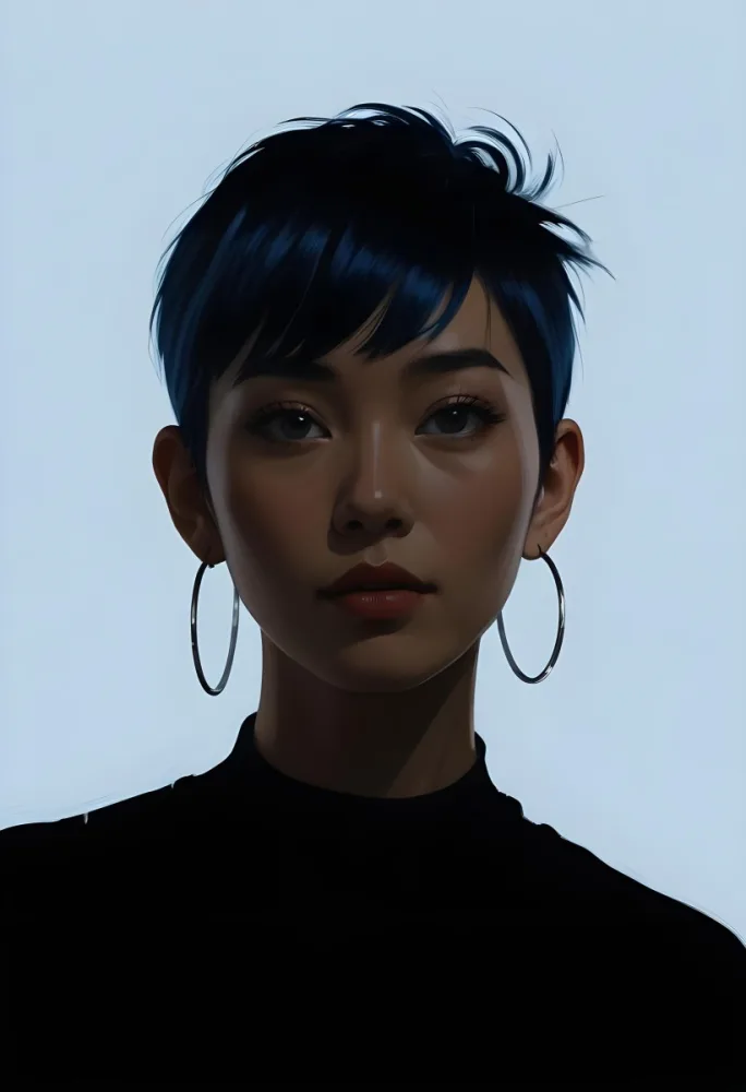 An Asian Woman 23 Years Old With Short Blue Hair And Hoop Earrings Half Of The Face Is In The Shadows Light Blue Background 8 6097