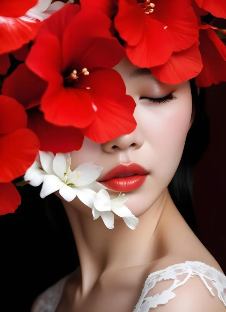 An Asian Woman 23 Years Old With White Lips And Closed Eyes Surrounded By Red And White Flowers In A Red Background 11 914b