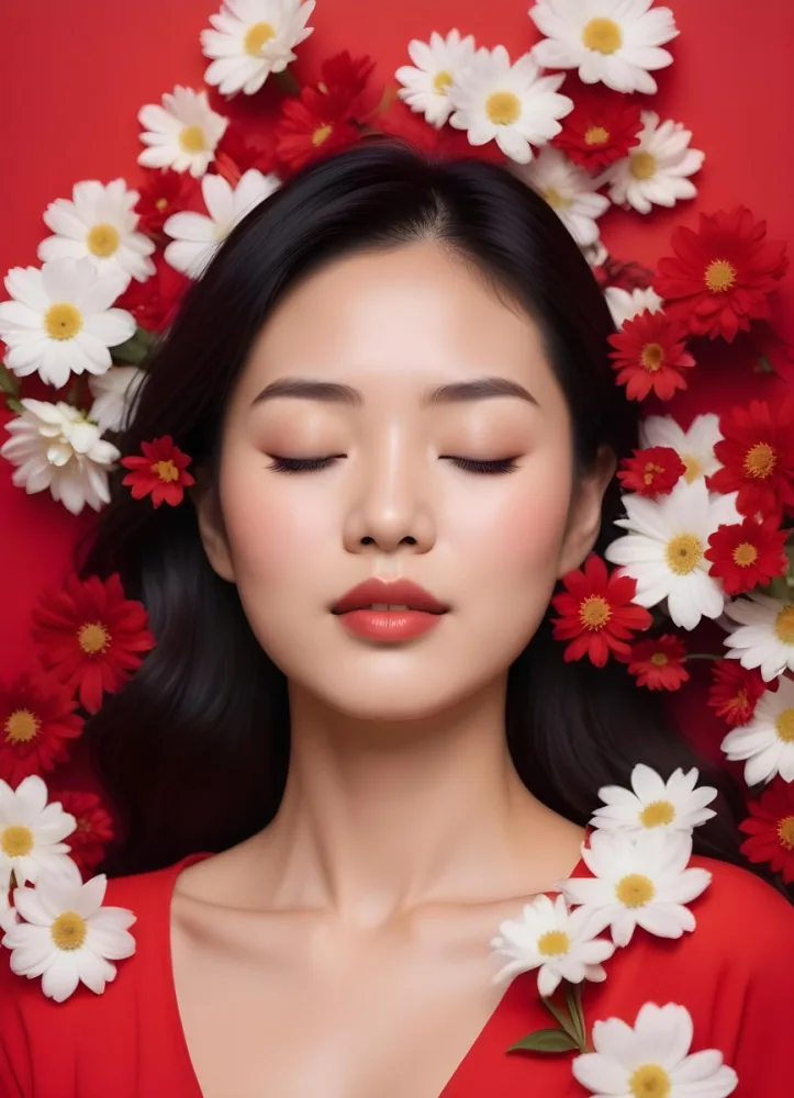 An Asian Woman 23 Years Old With White Lips And Closed Eyes Surrounded By Red And White Flowers In A Red Background 12 6793