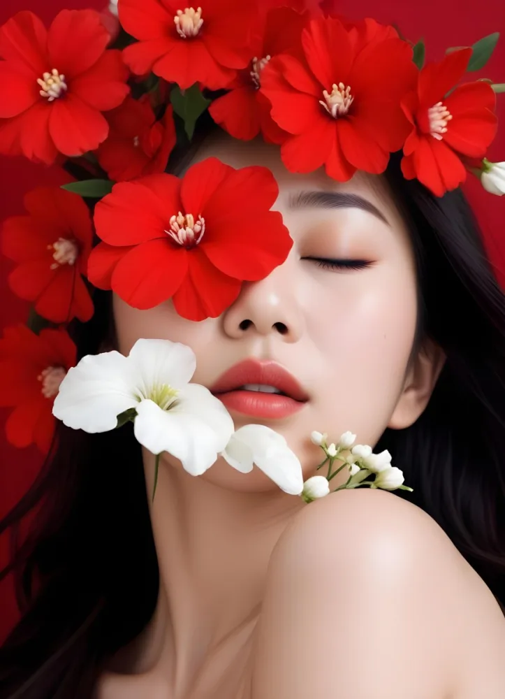 An Asian Woman 23 Years Old With White Lips And Closed Eyes Surrounded By Red And White Flowers In A Red Background 18 945d
