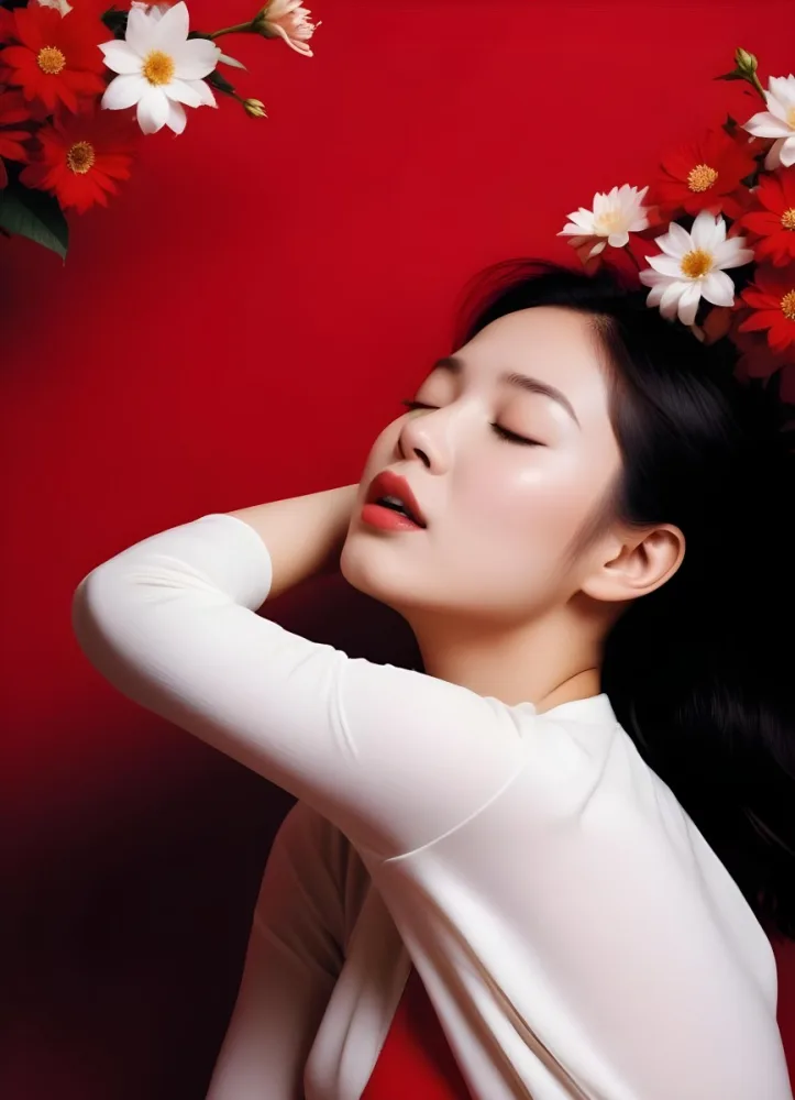 An Asian Woman 23 Years Old With White Lips And Closed Eyes Surrounded By Red And White Flowers In A Red Background 19 2937