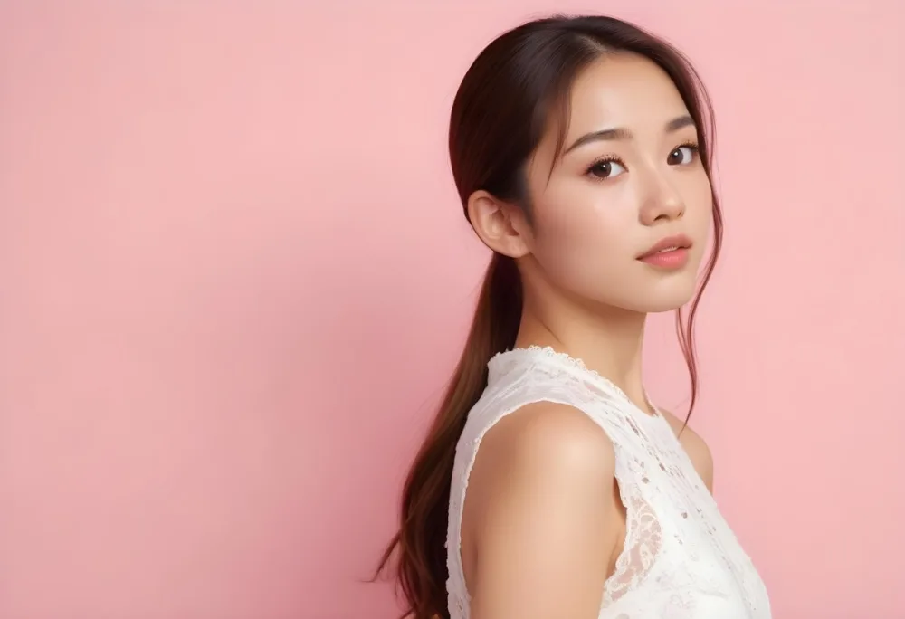 An Asian Woman 24 Years Old With Light Skin And Brown Hair Looking At The Camera Wearing A White Dress Pink Background 12 F056