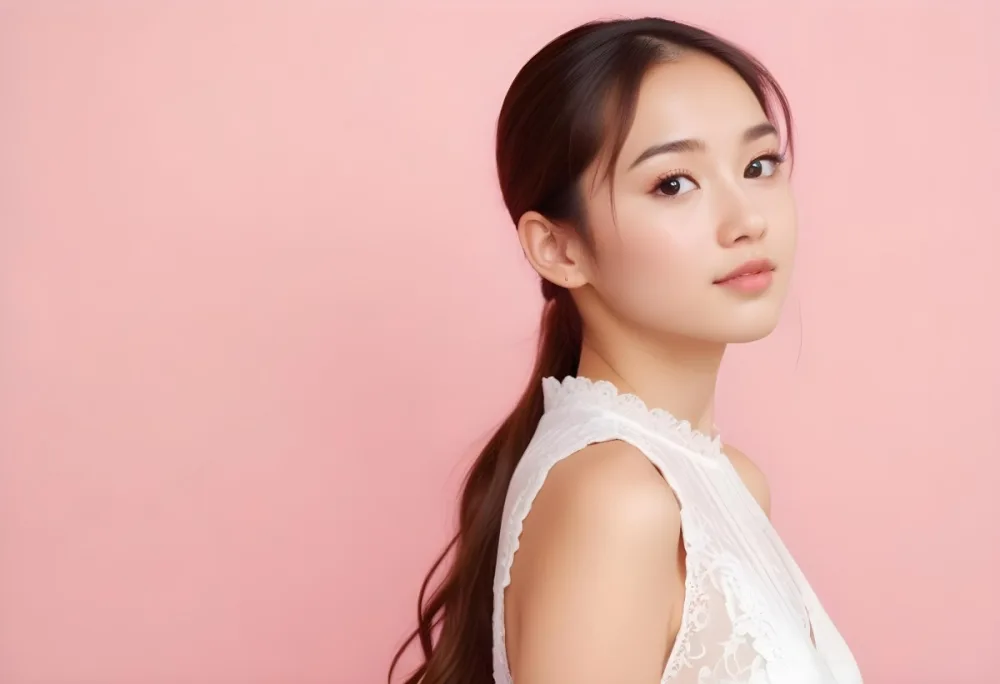 An Asian Woman 24 Years Old With Light Skin And Brown Hair Looking At The Camera Wearing A White Dress Pink Background 26 F15d