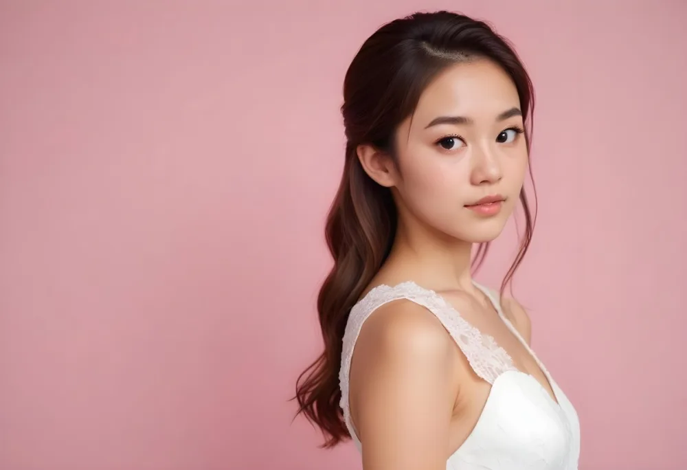 An Asian Woman 24 Years Old With Light Skin And Brown Hair Looking At The Camera Wearing A White Dress Pink Background 7 4fb6