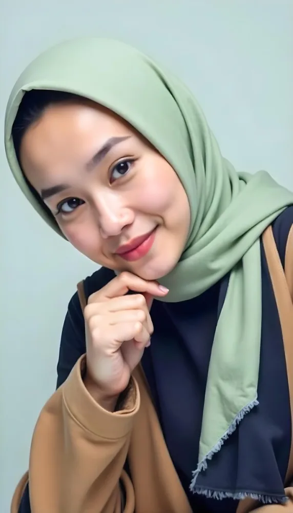 An Asian Woman 25 Years Old Light Skin Black Hair Wearing A Light Green Hijab In A Black Background 12 0705