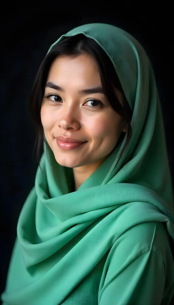 An Asian Woman 25 Years Old Light Skin Black Hair Wearing A Light Green Hijab In A Black Background 13 D537