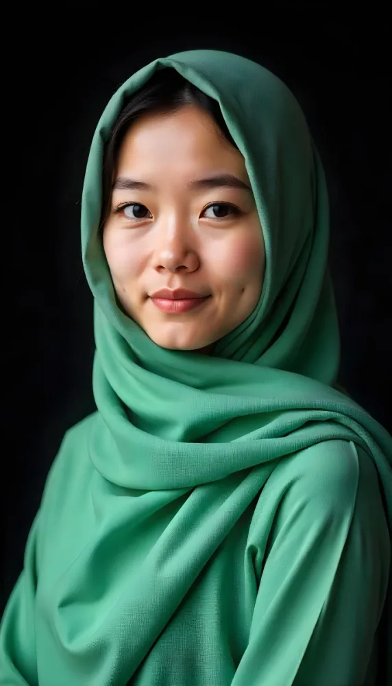 An Asian Woman 25 Years Old Light Skin Black Hair Wearing A Light Green Hijab In A Black Background 30 2823