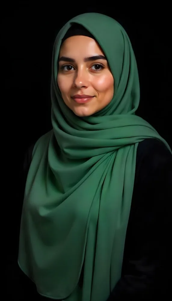 An Asian Woman 25 Years Old Light Skin Black Hair Wearing A Light Green Hijab In A Black Background 35 F0d6