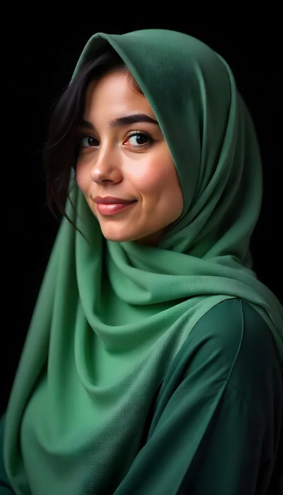An Asian Woman 25 Years Old Light Skin Black Hair Wearing A Light Green Hijab In A Black Background 44 0804