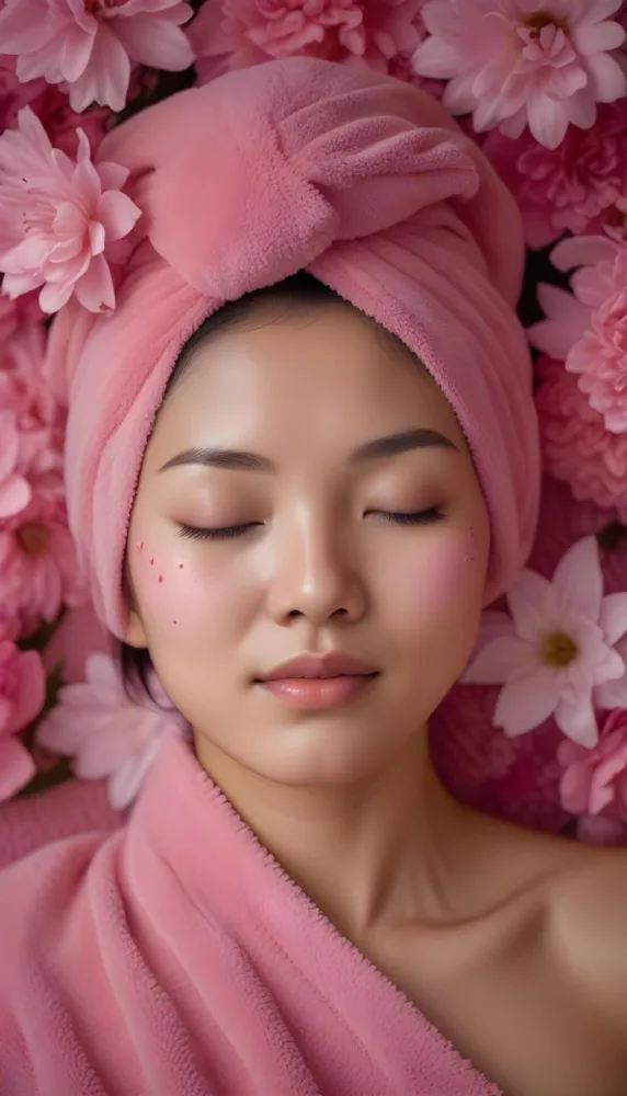 An Asian Woman 25 Years Old Pink Towel On Her Head And Pink Cream On Her Face Eyes Closed Pink Flowers Background 2 3583