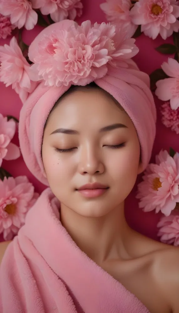 An Asian Woman 25 Years Old Pink Towel On Her Head And Pink Cream On Her Face Eyes Closed Pink Flowers Background 44 D289