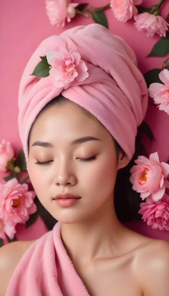 An Asian Woman 25 Years Old Pink Towel On Her Head And Pink Cream On Her Face Eyes Closed Pink Flowers Background 5 Dcdc